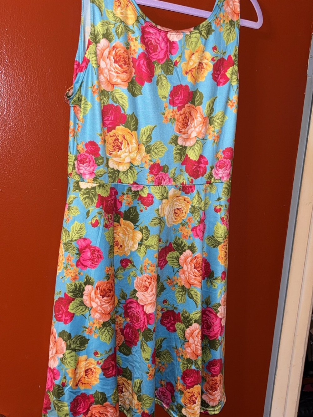 Floral Tank Dress in Light Blue with Pink & Yellow Roses